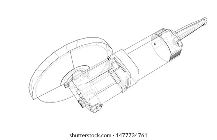 Outline electric angle grinder. Vector image rendered from 3d model in sketch style or drawing. Blue background