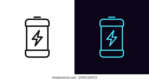 Outline electric battery icon, with editable stroke. Battery with lightning icon, charging accumulator. Energy efficiency level, electricity consumption control, device power management. Vector icon