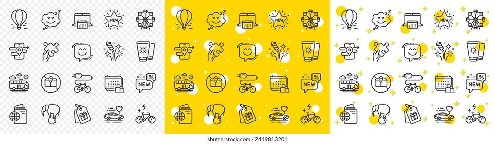Outline Electric bike, Calendar and Bus travel line icons pack for web with Sleep, Elephant on ball, Fireworks rocket line icon. Air balloon, New star, Ferris wheel pictogram icon. Vector
