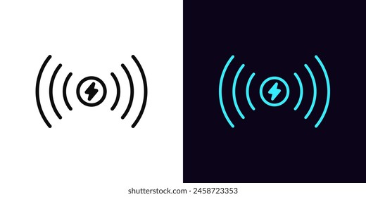 Outline electric charging point icon, with editable stroke. Wireless charge place with lightning sign and waves. Dock station, wireless electromagnetic charger for charging battery device. Vector icon
