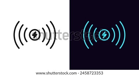 Outline electric charging point icon, with editable stroke. Wireless charge place with lightning sign and waves. Dock station, wireless electromagnetic charger for charging battery device. Vector icon