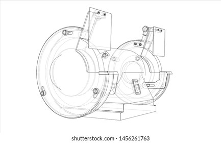 Outline electric grindstone vector. Wire-frame style. The layers of visible and invisible lines. 3D illustration