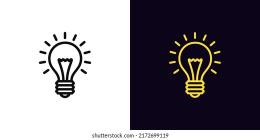 Outline electric lamp icon, with editable stroke. Lightbulb with rays of light, bulb pictogram. Idea and solution, business innovation, creative energy, inspiration power and creativity. Vector icon