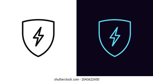 Outline electric shield icon, with editable stroke. Shield with lightning sign, charge pictogram. Safe charging, electric station, voltage protection. Vector icon, sign, symbol for UI and Animation