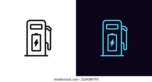 Outline electric station icon, with editable stroke. Charging station with battery and lightning sign, charge point pictogram. Electric charger, recharge place for electric vehicle. Vector icon for UI