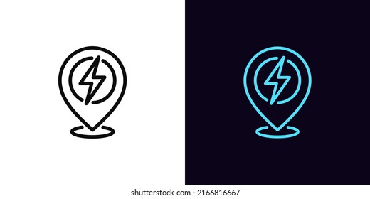 Outline electric station pin icon, with editable stroke. Map pin with lightning sign, charge point pictogram. Navigation marker, charging station and place for electric vehicle. Vector icon for UI svg
