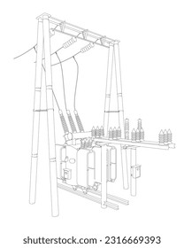 Outline Electric transformer substation. Power grid substation - vector illustration. Electrical substation. The high-voltage transformer and switch. Risk of electric shock. electricity supply..