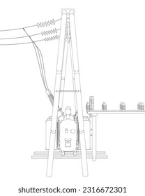 Outline Electric transformer substation. Power grid substation - vector illustration. Electrical substation. The high-voltage transformer and switch. Risk of electric shock. electricity supply..