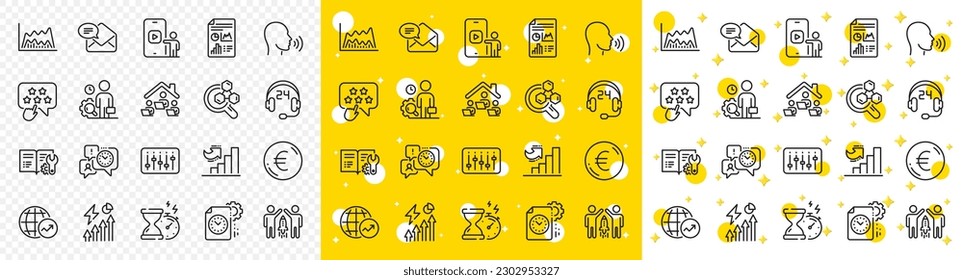 Outline Electricity consumption, Dj controller and Inspect line icons pack for web with New mail, Time management, Human sing line icon. Phone video, Project deadline. Vector