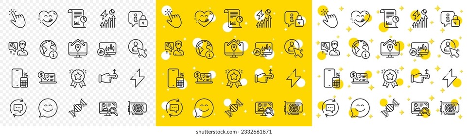 Outline Electricity consumption, Lock and Update comments line icons pack for web with Smile chat, Ranking star, Work home line icon. Phone calculator, Gpu, User pictogram icon. Vector