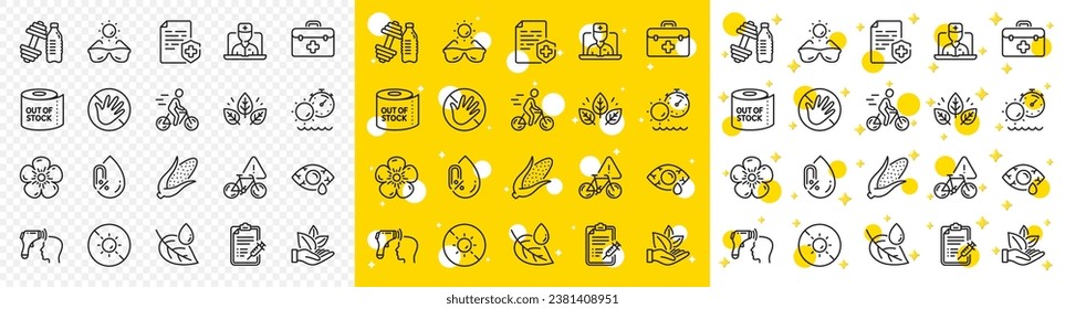 Outline Electronic thermometer, Vaccine report and Cyclist line icons pack for web with Do not touch, No alcohol, Natural linen line icon. Dumbbell, Toilet paper, Tanning time pictogram icon. Vector
