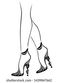 Outline of elegant female feet in abstract floral shoes with high heels, black over white vector artwork
