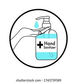 The outline of Elegant hand with hand sanitizer pump bottle and drop in circle. Disease prevention method. Avoid germs infection. Disinfectant product. medical advertisement. Stop spreading contagious.