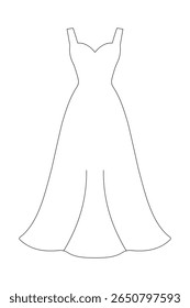 Contorno de um vestido de correia elegante com um corpete ajustado e saia queimada. Perfeito para design de moda, modelos de padrão de costura, esboços de desgaste de noivas ou à noite e visuais de costura.