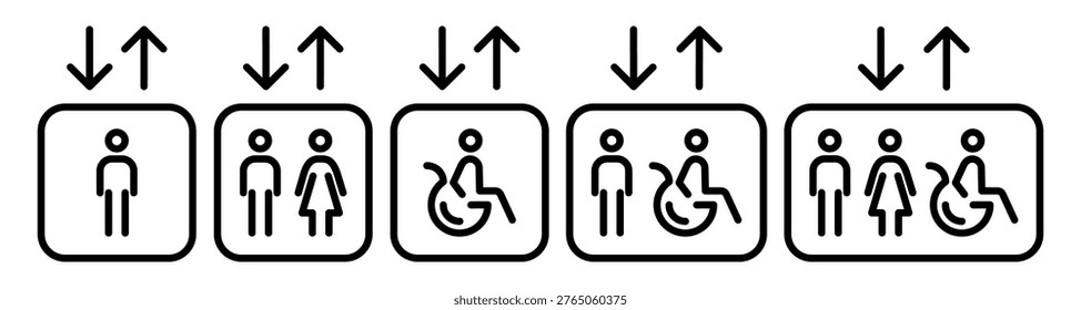 Outline elevator icon set with passenger capacity and wheelchair symbol. Lift pictograms showing accessible occupancy, navigation and inclusive wayfinding. 