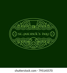 Outline elliptical badge with hat, horseshoe, shamrock leaves, floral ornament. Vector illustration.