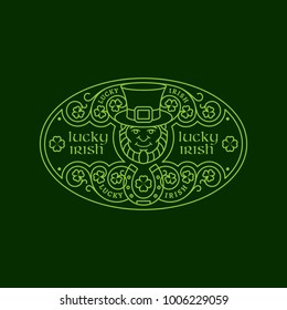 Outline elliptical badge with leprechaun, horseshoe, shamrock leaves, floral ornament. Vector illustration.