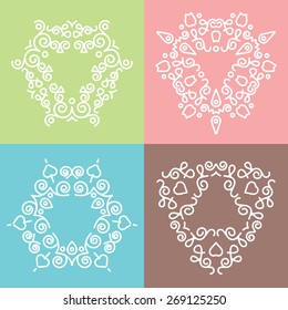 Outline emblems, frames, and badges templates. Trendy concept mono line style logo design elements with space for text or letters. Blue, white, pink, green, brown colors. Vector illustration.