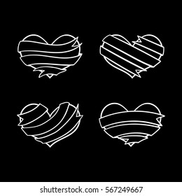 Outline emblems with hearts and ribbons, hand-drawn doodle hearts and ribbon banners, EPS 8