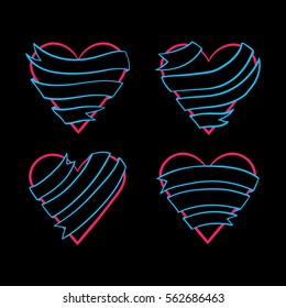 Outline emblems with red hearts and blue ribbons, hand-drawn doodle outline hearts and ribbon banners, place for your text, EPS 8