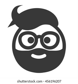Outline emoticon, emoji isolated on white background, smiley face, happy hipster person - man wearing glasses, with beard and mustaches and stylish haircut, vector illustration