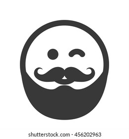 Outline emoticon, emoji isolated on white background, smiley face, happy hipster person with mustaches and beard, vector illustration