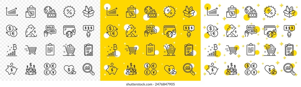 Outline Employee benefits, Bitcoin graph and Delivery shopping line icons pack for web with Food donation, Chart, Clipboard line icon. Sale bags, Checklist, Piggy bank pictogram icon. Vector