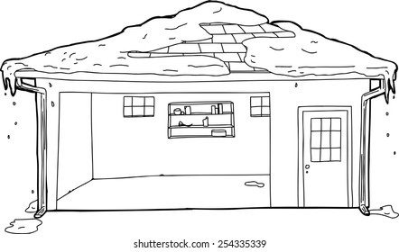 Outline of empty residential garage with melting snow on roof