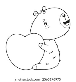 Outline enamored Capybara with big heart. Cute happy cartoon kawaii character. Line drawing, coloring book. Vector illustration. Kids collection