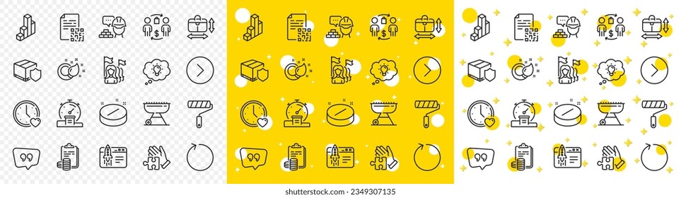 Outline Energy, Dating and Medical tablet line icons pack for web with Paint roller, Paint brush, Build line icon. Buying process, Grill, Forward pictogram icon. Puzzle, 3d chart, Timer. Vector