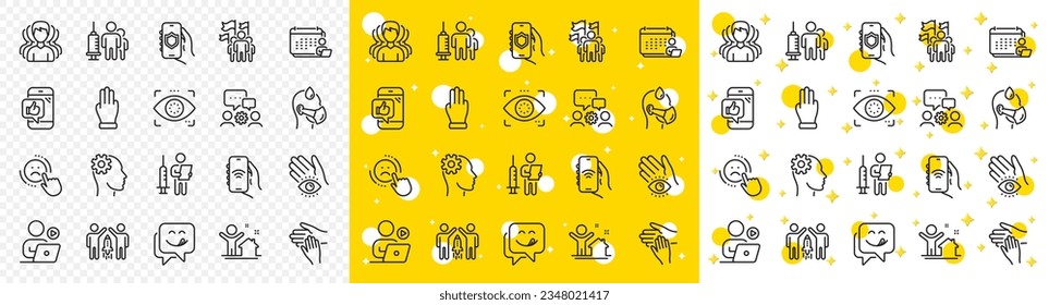 Outline Engineering, Volunteer and Group line icons pack for web with Meditation eye, Eye detect, Internet app line icon. Leadership, Accounting, Video conference pictogram icon. Vector