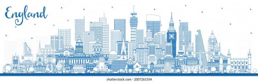 Outline England City Skyline with Blue Buildings. Vector Illustration. Concept with Historic Architecture. England Cityscape with Landmarks. Bristol. Leeds. Sheffield. London.