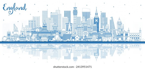 Esquema del horizonte de la ciudad de Inglaterra con edificios azules y reflexiones. Ilustración vectorial. Concepto de arquitectura histórica. Paisaje urbano de Inglaterra con puntos de referencia. Bristol. Leeds. Sheffield. Londres.