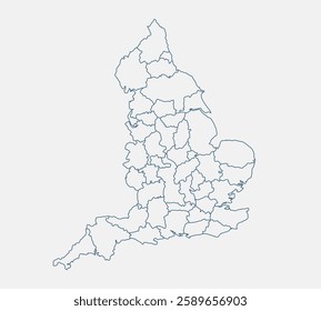 Outline England map isolated on white background. England map. England map outline template. Editable England map outline with county divisions. Vector illustration