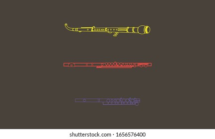 Outline English horn, flute and piccolo isolated on black background. Musical instruments for template or art school dictionary illustration