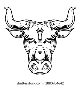 Outline engraving illustration of a bull head with hatching. The symbol of the new year 2021. Contour buffalo with horns. Vector illustration of animal head for logos, tattoos, icons and your designs.