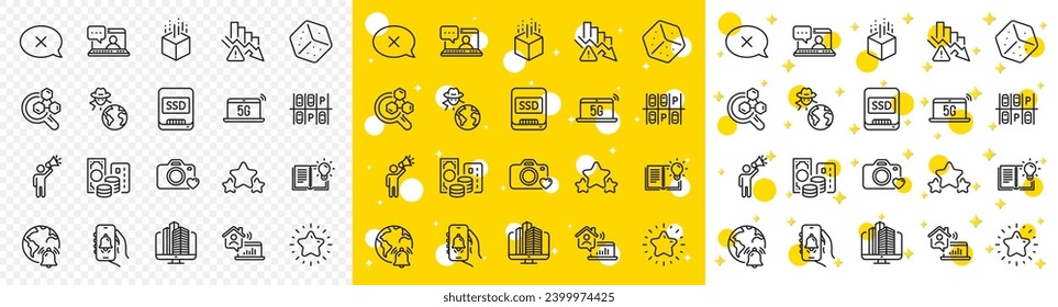 Outline Enterprise, Bell alert and Chemistry lab line icons pack for web with Augmented reality, Credit card, Stars line icon. Dice, Brand ambassador, Friends chat pictogram icon. Star. Vector