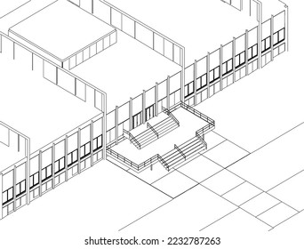 The outline of the entrance to a large building from black lines isolated on a white background. Isometric view. 3D. vector illustration