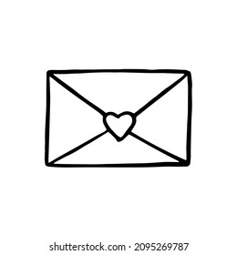 Outline envelope with heart shape as adhesive stamp. Cute doodle hand drawn vector