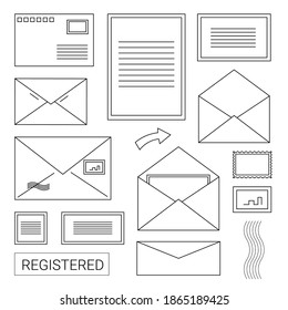 Outline of envelopes and lists. Template for postcards and stamps in a linear style. Vector stock illustration