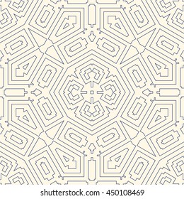 Outline ethnic abstract background. Seamless pattern with symmetric geometric ornament. Can be used for coloring books and pages, textile print, page fill. Vector illustration