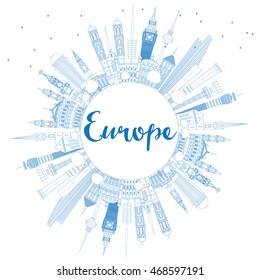 Outline Europe skyline silhouette with blue landmarks and copy space. Vector illustration. Business travel and tourism concept with place for text. Image for presentation, banner, placard and web site