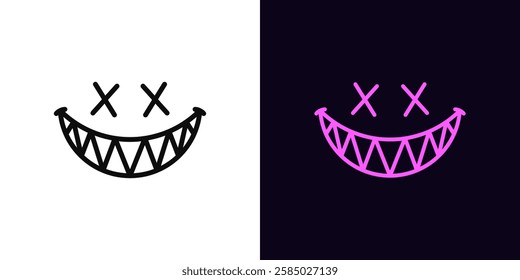 Outline evil smile icon, with editable stroke. Evil joker smile with cross on eyes and sharp teeth, monster grin. Emoji with evil sneer, devil smile, scary demon mouth, creepy gamer emoticon. Vector