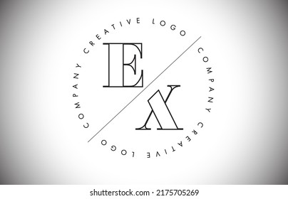 Outline EX e x Letter Logo with Cut and Intersected Design. Round Frame Vector Illustration.
