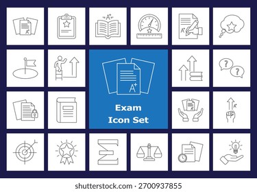 Contornar Conjunto De Ícones Do Exame. Ícones para teste, educação, aprendizagem, notas altas, realização, papel de teste, aluno, sucesso, conhecimento e avaliação.