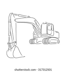 Outline of excavator isolated on white background, vector illustration