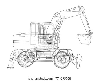 Outline of excavator isolated on white background. Vector EPS10 format, rendering of 3d