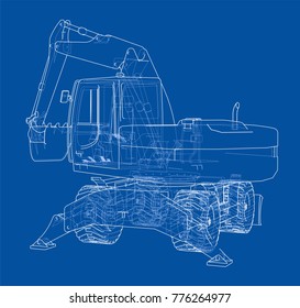 Outline of excavator isolated on white background. Vector EPS10 format, rendering of 3d