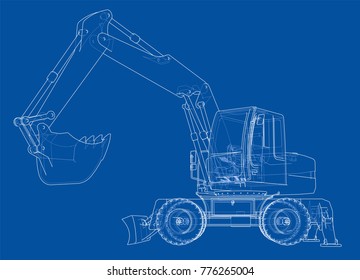 Outline of excavator isolated on white background. Vector EPS10 format, rendering of 3d