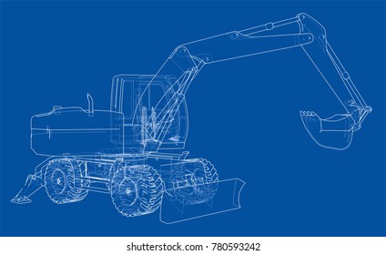 Outline of excavator isolated on white background. Vector EPS10 format, rendering of 3d